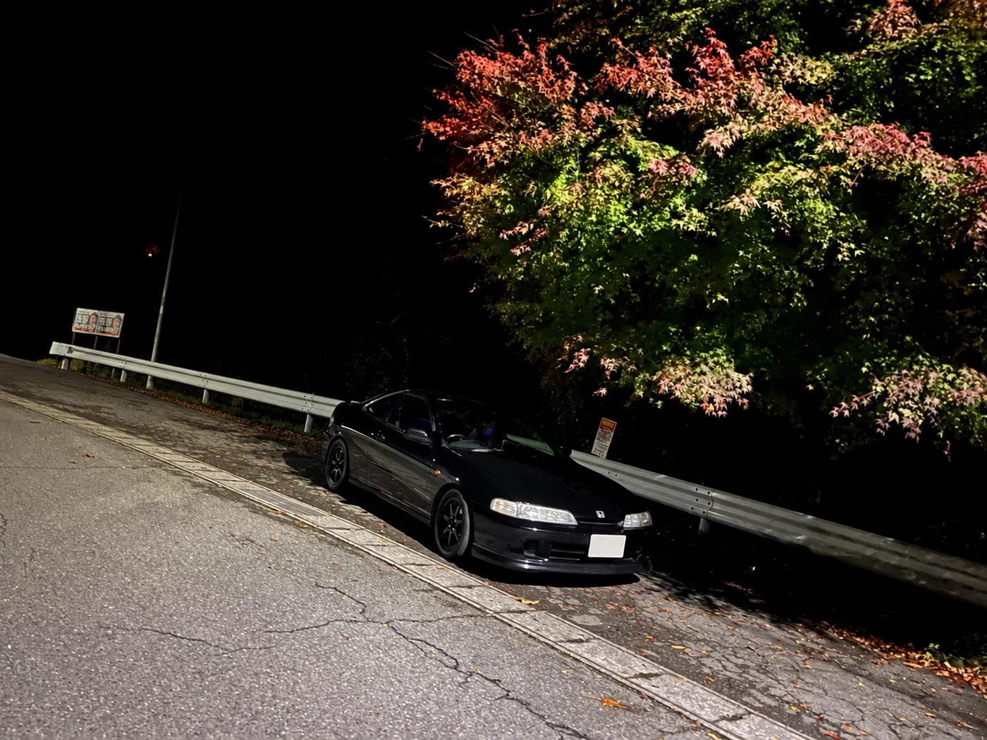 木々のそばに停めた黒いホンダ・インテグラ（DC2）を斜め前から撮影した写真
